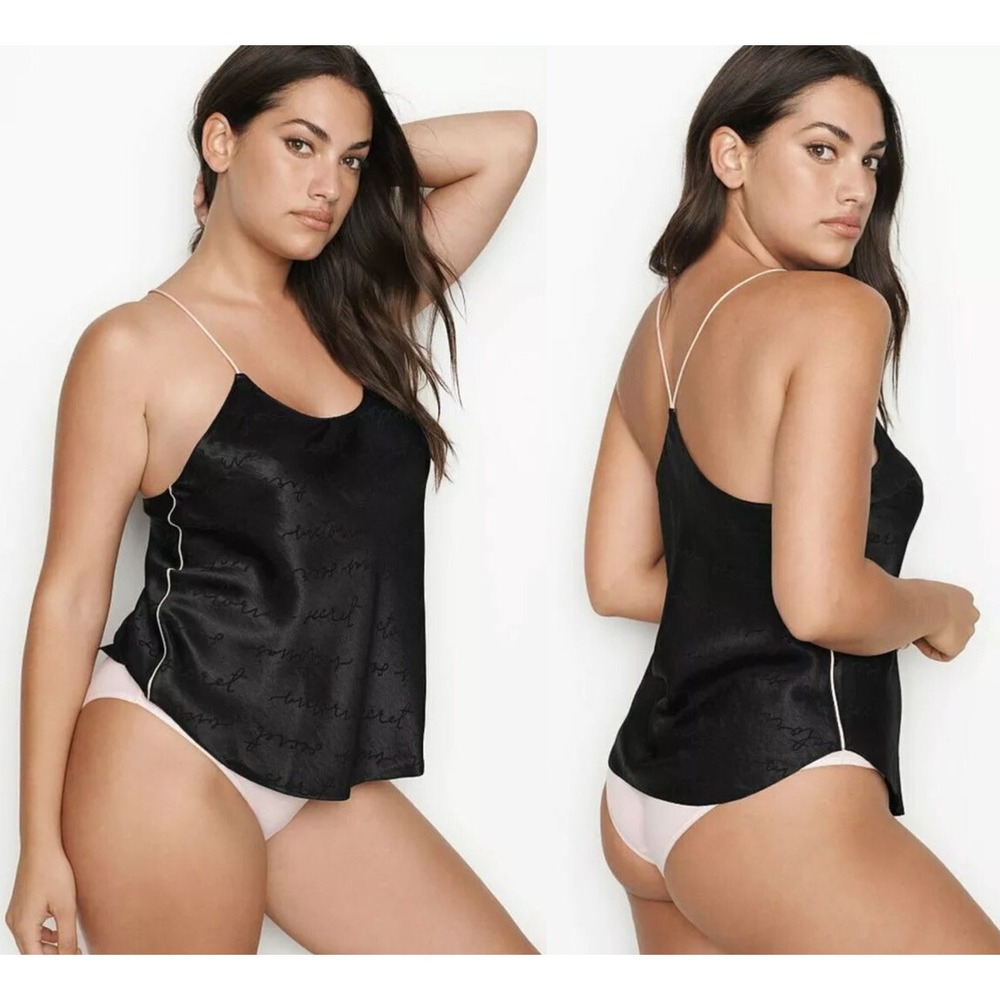 Victorias Secret Very Sexy Black Satin Script Cami Tank Top